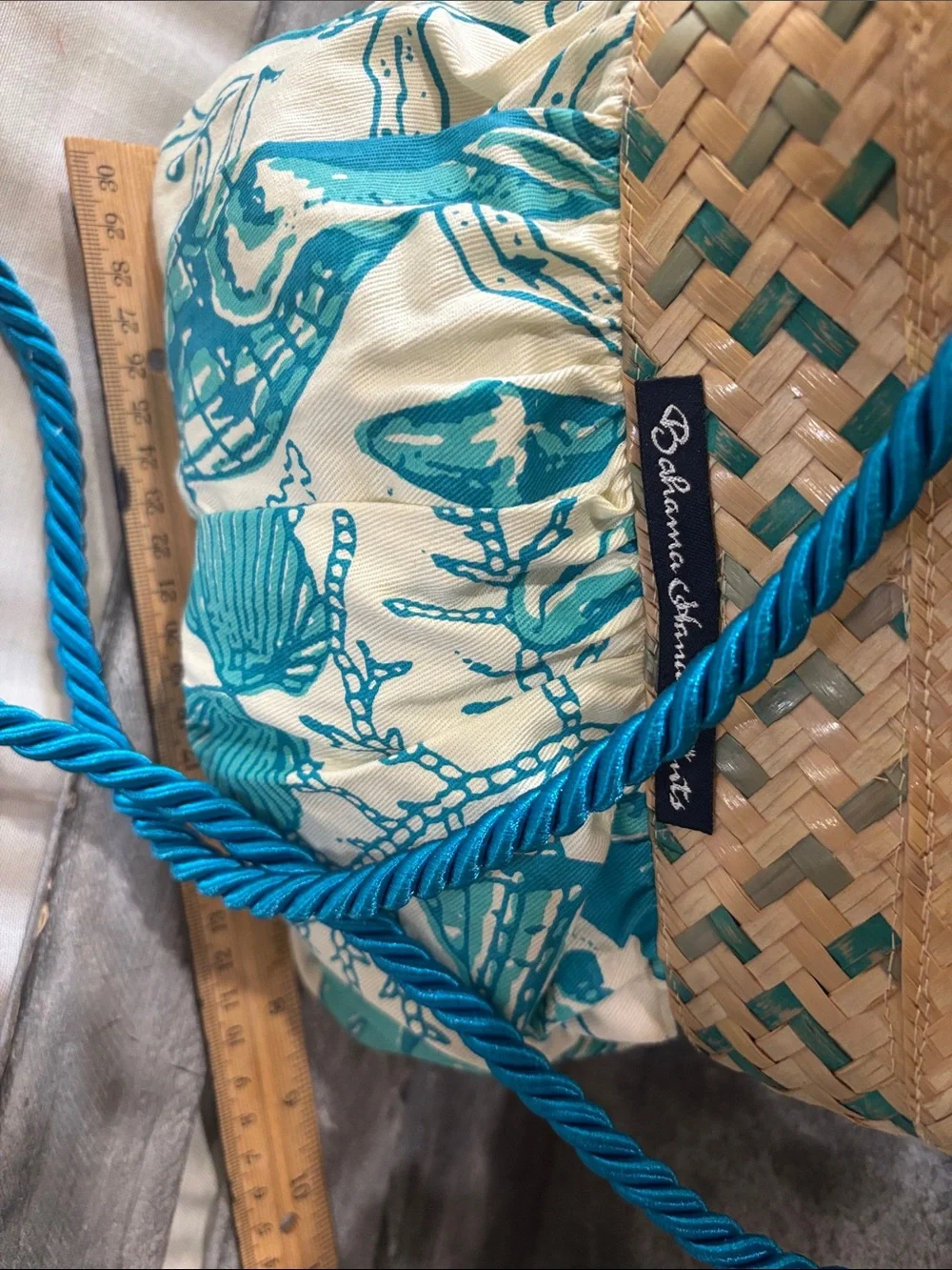 Teal Shell-Print Straw-Trim Crossbody Bag